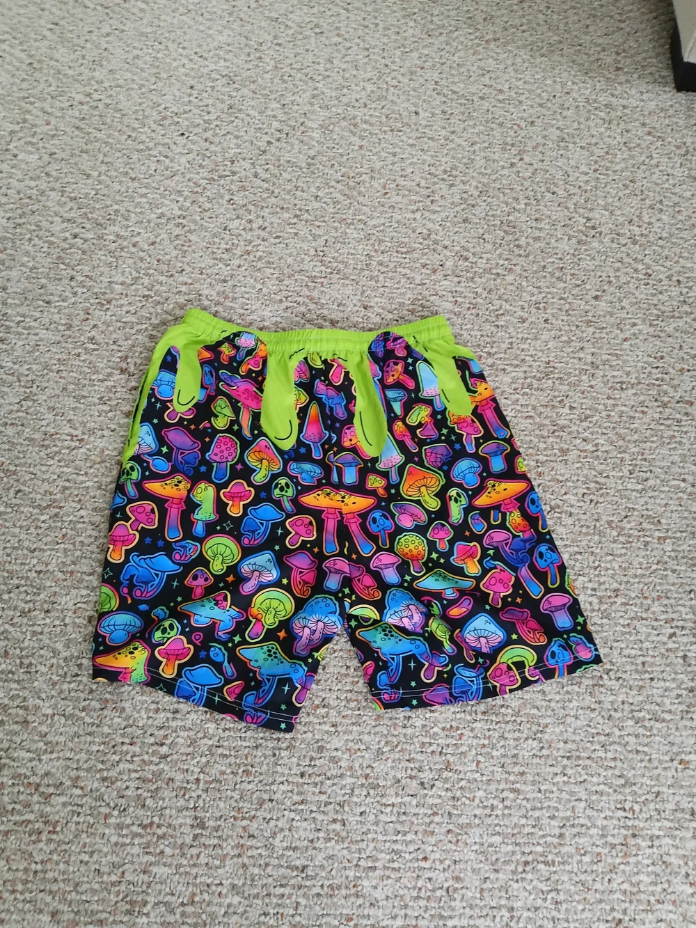 SHEIN Men's Neon Multicolor Mushroom & Bear Print Swim Board Shorts Size Medium